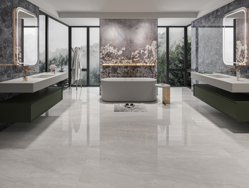 Kavala Cold Gray Sintered Stone Used in Bathroom Floors